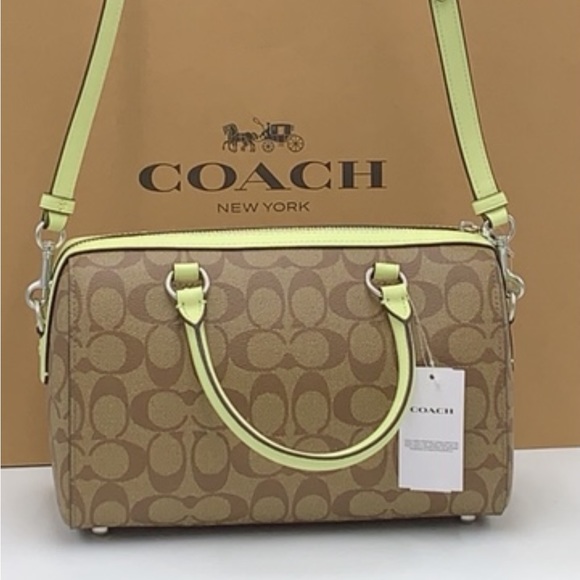 COACH  (83607) Rowan Khaki/Pale Lime Signature Medium Satchel Crossbody Handbag - Picture 8 of 16